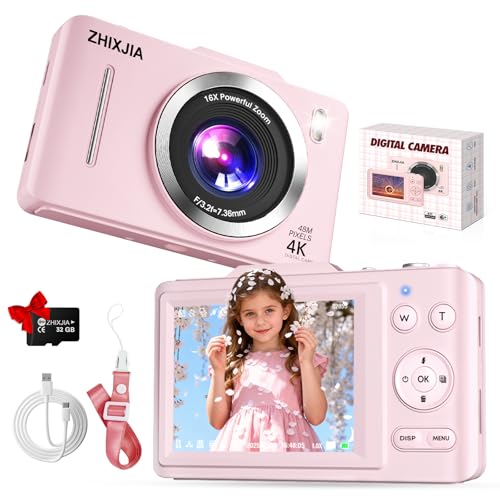 Image of Digital Camera, Autofocus 4K Point and Shoot Digital Cameras with 16X Zoom Anti Shake, 48 MP Cameras for Photography with 32GB Card, Compact Portable Small Camera for Kids Girls Boys Beginners, Pink