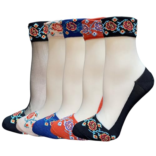 Image of DXYAKY 5 Pairs Sheer Floral Socks for Women, Lightweight Mesh Ankle Lace Socks, Breathable Summer Cute Transparent Stockings