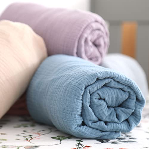 Image of GRSSDER Soft Muslin Crib Sheet 1 Pack, 100% Cotton Crib Sheets for Boys and Girls, Fit Standard Crib Mattresses 52 inch x 28 inch Safe and Snug, Dust Blue