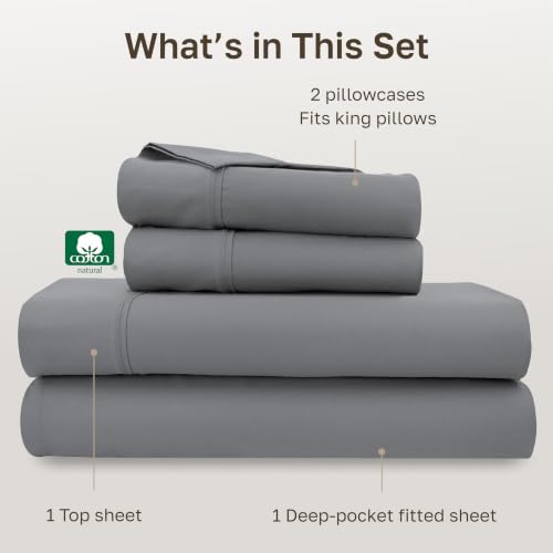 Image of California Design Den King Size Sheets Set - Soft 400 Thread Count Sateen, Natural 100% Cotton King Bed Sheets, Deep Pockets with All Around Elastic for a Snug Fit, Durable Bedding - Slate Grey