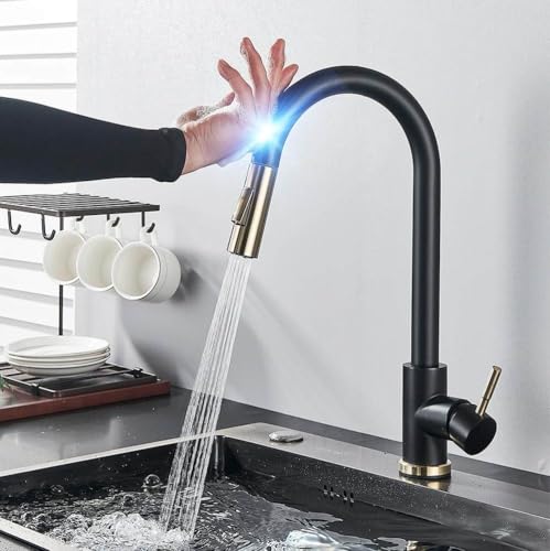 Mitigeur tactile noir et or pour évier moderne avec douchette extractible pratique