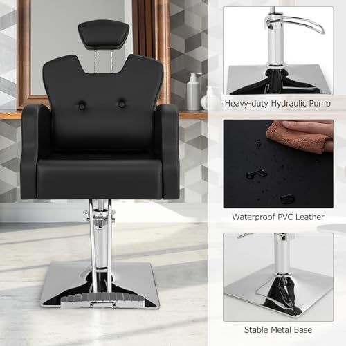 FANTASK Friseurstuhl Höhenverstellbar, Salonstuhl Drehbar mit Kopfstütze, Rückenlehne & Hydraulikpumpe, Frisörstuhl bis 150kg für Barbershop Salon, Schwarz