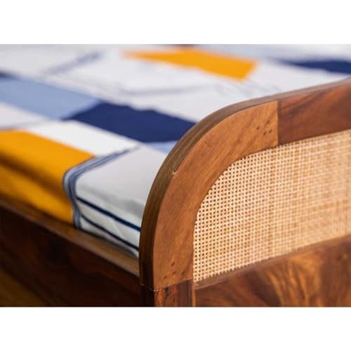Image of Rattan King Size Bed for Bedroom | Wooden Cane King Size Cot | Sheesham Wood, Choco Brown Finish | Size: 72 x 78 in | Double Bed Palang for Living Room Home Furniture | Assembly- DIY