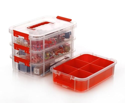Image of Golden bird plastic boxes for Storage transparent, Space Saving Organiser with Lid Portable & Stackable for Jewelry, Beads, Crochet, Sewing, Scrapbooking DIY Craft (3 tier, Red)