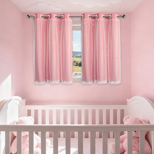 Image of Pink Curtains Drapes Blackout 45 Inch Length Cute Star Cutout Nursery Decor | Girls Room Darkening Curtain Double Layer Tulle Lace 2 Panels Kids Thermal Insulated Bedroom Window Treatments Short Cortinas