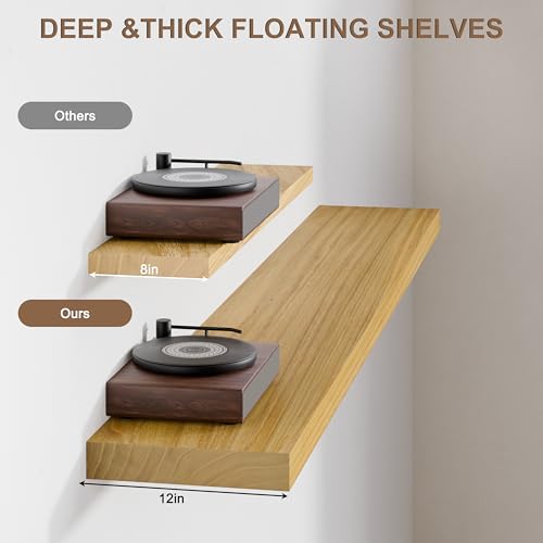Image of 60 Inch Extra Long Floating Shelves, Set of 2 Deep Floating Shelves 12in Depth, Floating Shelves Long Heavy Duty Wood Shelves for Wall, Solid Wood Sleek Light Brown