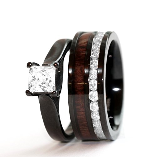 His & Hers Natural Koa Wood CZ 3 pcs Surgical Black Stainless Steel Engagement Wedding Rings set2