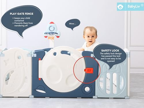 Image of 43 Sq Ft Space-Themed Baby Playpen with Soft Mat & Basketball | 18-Panel Extra Large Toddler Play Yard | Indoor /Outdoor Activity Center with Ball Pit | ISO 9001:2015 & CE | Blue-White