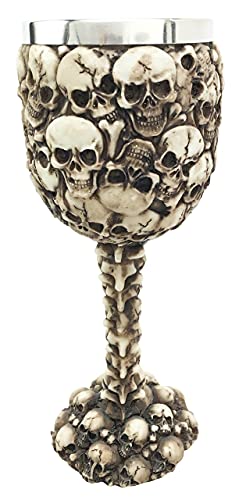 Ebros Day of The Dead Ossuary Skulls Wine Goblet With Skeletal Spine Stem Mountain Heap Of Human Skull Sacrifice Wine Chalice As Kitchen Decorative Halloween Party Centerpiece Accessory