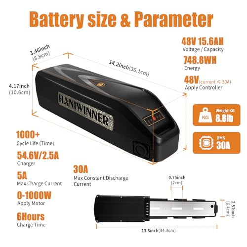 Image of 48V Ebike Battery, 48V 15.6AH Electric Bike Lithium Battery with Charger and BMS, Indicator Light, Safe Lock for 500W 750W 1000W Electric Bicycles Mountain Bike Motor