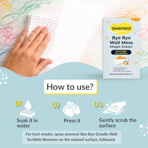 Image of awenest Magic Eraser Cleaning Sponge- Pack of 4 | Chemical-Free, Multi-Purpose Wall & Stain Remover | Super Scrub for Kitchen, Bathroom, Walls, Shoes & More - Tough on Stains, Gentle on Surfaces