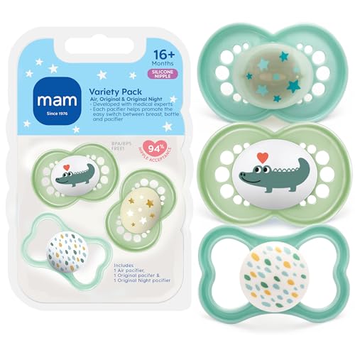 Image of MAM Variety Pack Baby Pacifier, Includes 3 Types of Pacifiers, Nipple Shape is Developed with Dentists, 16+ Months, Unisex, 3 Count (Pack of 1)