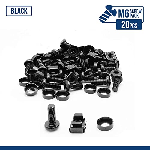 LMS Data M6 Cage Nuts Screws and Washers Set -Assortment Nuts and Bolts Kit for Rack Mount Data Cabinets, Server Shelves Fixing and Installation (Black, 20)