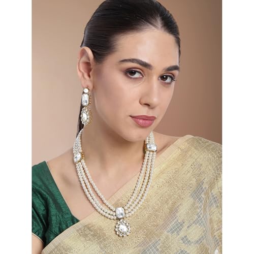 Image of Peora Crystal Faux Pearl Kundan Necklace & Jewellery Set Gift for Women
