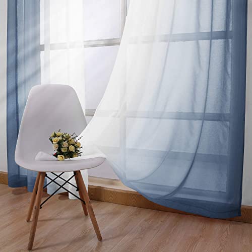 DWCN Ombre Short Sheer Curtains - Faux Linen Semi Voile Gradient Light-Filtering Bedroom and Living Room Curtains, Set of 2 Grommet Top Window Drape Panels, 52 x 45 Inch Length, Denim Blue by DWCN - Used condition - Image 3