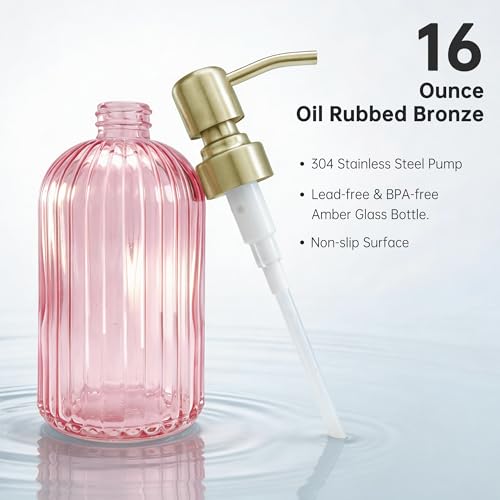 Image of 16 OZ Pink Glass Soap Dispenser,Clear Pink Stripe Bathroom Hand Soap Dispensers with Stainless Steel Gold Pump, Pink Kitchen Hand Soap Dispenser with Brushed Gold Pump