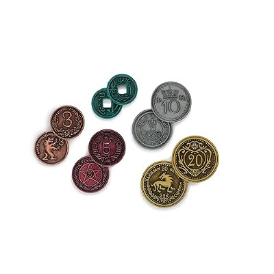 Stonemaier Games: Metal Coins (Scythe and Expeditions) | Metal Coins to Enhance Your Gameplay | 80 Coins with Unique Colors and Sides for Each Denomination - Values Include 1, 3, 5,10, and 20