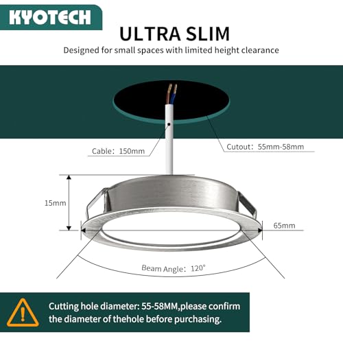 KYOTECH 6er Set LED Möbelleuchte 230V, 3.5W LED IP44 G4 15mm Flache Möbel Einbaustrahler in Edelstahl gebürstet Optik, 3000K Warmweiß, Küchenhaube Leuchte, Badleuchte Einbauspot