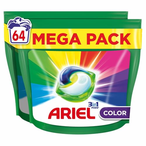 Ariel 3in1 PODS, cápsulas detergentes 64 Lavados, Color, Disolución rápida, impecable en programas fríos y cortos