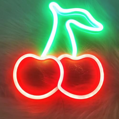 Image of Cherry LED Neon Light Sign Handmade Lamp for Wall Room Party Home Bar Art Christmas Bedroom Table Wedding Party Desktop Decoration Teen Kids Birthday Holiday Gift USB Powered(Red-Green)