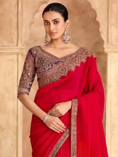 Image of AKHILAM Women's Satin Sequence Embroidery Saree With Unstitched Blouse Piece(SNDLWOD1601 TFH Parent)