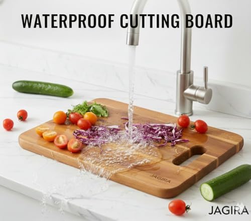Image of jagira Divine Touch Wooden Water Proof Chopping Board with Handle, Multipurpose Cutting Board for Vegetables, Fruits & Cheese, Kitchen Use, BPA Free, Pack of 1