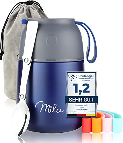 Image of Milu Thermal Container for Food 450 ml, Stainless Steel Warming Container with Spoon, Thermal Mug Food, Thermal Lunch Box for Children, Adults, Thermal Box Soups, Baby Porridge, Food Container Navy