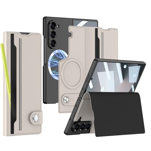 XIMAND for Samsung Galaxy Z Fold 6 用レザーケース、カードスロット、キックスタンド、耐衝撃、マグネット式バックル、Magsafe 磁気ワイヤレス充電対応。(チタングレー)