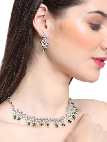 Image of Yellow Chimes Jewellery Set for Women and Girls American Diamond Jewellery Set | Rosegold Rhodium Plated AD Necklace Set for Women | Birthday Gift for Girls & Women