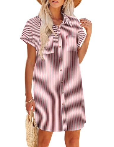 Image of Zeagoo Summer Dresses for Women 2026 Cotton Button Down Short Sleeve Tshirt Dresses Casual Mini Beach Dress