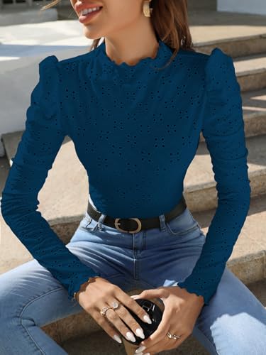 Image of Sugathari Girl's & Women's Spring /Summer Slim Fit High Neck T-Shirt with Stand Collar, Cap Sleeves and Eyelet Embroidery Frill Trim Tee Textured Sheer Fabric (T-Shirts 194 $P)
