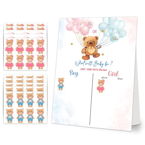 Baby shower Games, Gender Reveal Signature Sign Board with Stand, 60 Bear Pink Blue Boy or Girl Voting Stickers, Cast Your Vote Game for Guests, for Baby Shower Party