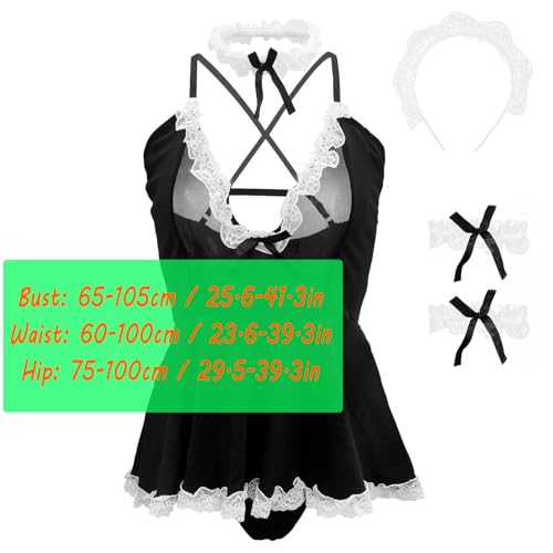 HOTSO Damen Sexy Spitze Maid Outfit Cosplay Kostüm Lingerie Kleid, Sexy Französisch Maid Nachtwäsche, Transparente Teddy Spitze Negligee V-Ausschnitt Unterwäsche Rollensipiel Bodysuits