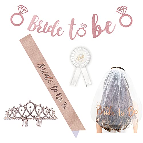 Bachelorette Party Decorations Bride to Be Sash Set Rose Gold Bride Veil Tiara and White Badge with Letters Bride Banner for Bridal Shower Engagement Party