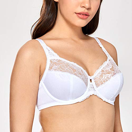 DELIMIRA Women's Plus Size Full Coverage Underwire Unlined Minimizer Lace Bra White 38B