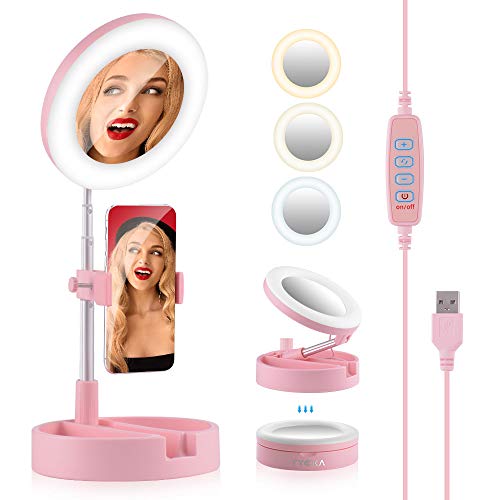 TYCKA - Anillo de luz LED para selfie, plegable, 6 pulgadas, con espejo y soporte para teléfono, 3500 K-6000 K, regulable, luz de maquillaje para YouTube, Vlog Shooting, 3 modos de luz, 10 brillos
