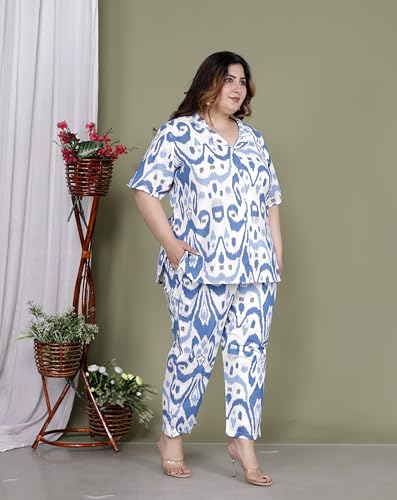 Image of Printed Shirt Style Cotton Night Suit for Women with Extra Plus Size