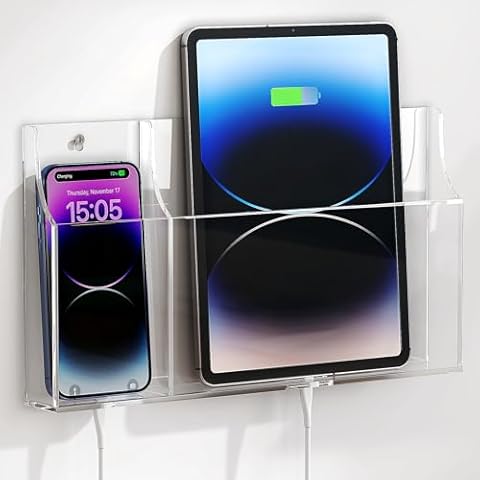 Yoillione Wall Mount Tablet and Phone Charging Stand for Tablet, Smartphone, E-Book, 2 Slots Remote Control Holder for TV, Clear Acrylic Remote Storage Media Organizer Box - Product 2.0 Size Upgrade Cover