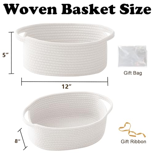 Image of White Woven Rope Basket - Baby Gift Basket with Bag & Ribbon