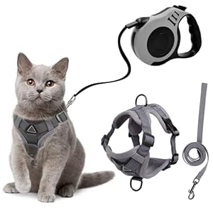 TYXHXTF Harnais Chat avec Rétractables Laisse, Reglable Harnais Chaton, Respirant Réfléchissant, et 3m Laisse Rétractables, pour Chat Petit Chien (Gris)