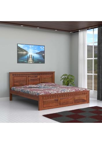 Image of Solid Sheesham Wood Queen Size Bed Without Storage | Wooden Double Bed Cot for Bedroom Furniture | Platform Bed | Palang for Hotels | Honey, Recommended Mattress Size: 78 X 60 Inch