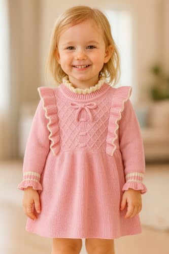 Image of Bold N Elegant Girls Winter Woolen Sweater Dress with Ruffles & Bow | Full Sleeve Woolen Warm Dress for Infant Toddler Baby Girls