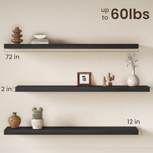Image of Fun Memories 72 Inch Floating Shelves, 12 Inch Deep Wall Shelf for Fireplace Mantel, Deep Storage Shelves for Home & Office, Long Floating Shelf with Invisible Bracket, Black, Set of 2