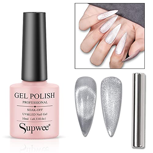 Supwee 10ml Silver Cat Eye Gel Nail Polish Universal Bright Glitter Cat Eye Gel Magnetic Nail Polish Gel Art Manicure DIY at Home Soak Off UV Gel with Magnet