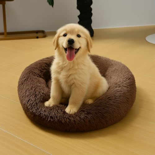 Image of RvPaws Calming Dog & Cat Bed for Small Dogs, Anti-Anxiety Donut Cuddler Cozy Soft Round, Fluffy Faux Fur Plush Cushion Beds for Medium Dogs - (Brown Color, 20 Inch, Small Size)