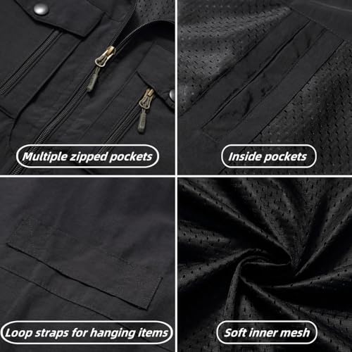 MeiLayM Herren Outdoor Weste mit Vielen Taschen Schnelltrocknende Freizeitweste Leicht Anglerweste Sommer Atmungsaktiv Ärmellose Jacke Sport Multifunktionsweste Camping Fotografie Weste Schwarz,XXL