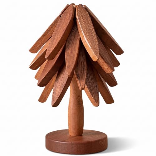 Wooden Trivets Coasters Set of 4 Tree Shape Trivet Set Foldable Heat Resistant Pads Reusable Wooden Trivets Potholder for Kitchen Accessories