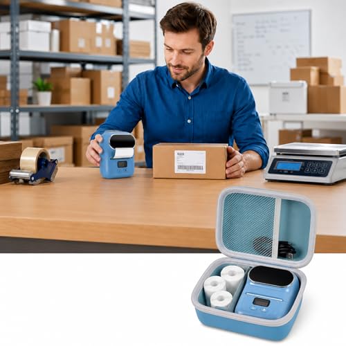Image of Boobowl Hard Case for Phomemo M110 /M110S Label Maker, Case Only | Organized Label Roll Storage, Mesh Pocket for Charging Cable, Home Office Inventory, Small Business - Blue