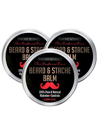 Natural Beard Balm for Men, Non-Greasy Beard Wax and Conditioner for Beard Growth, Amber Musk Scent Mustache Wax, Beard Conditioner, Softening Beard Care by Pure Body Naturals, 1.75 Ounces