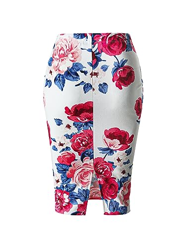 SSOULM Women's Work Office Stretchy Fitted Midi Pencil Skirt with FLORALIVORY Slit and Plus SizeFLORALIVORY XL3